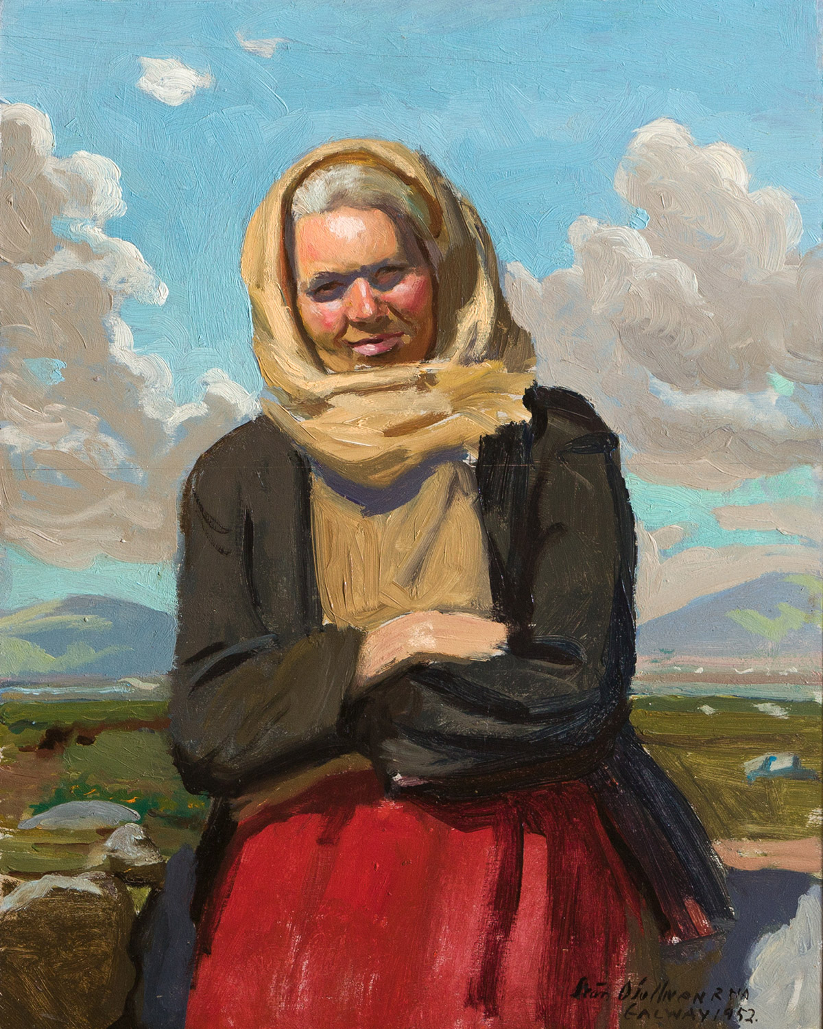 A painted portrait entitled "Connemara Woman with Red Skirt" by the artist Seán O’Sullivan